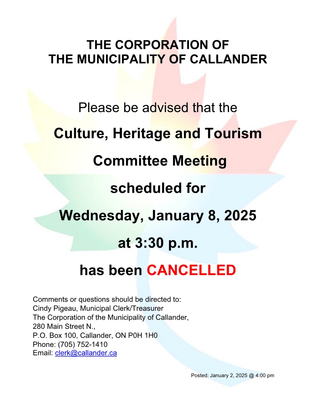 Meeting Cancelled - Culture, Heritage and Tourism Committee